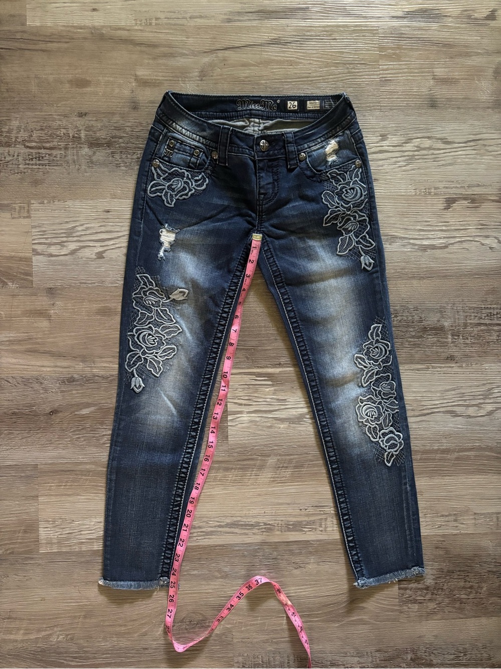 Miss Me Dark Blue Skinny Jeans with Gray Floral Embroidery